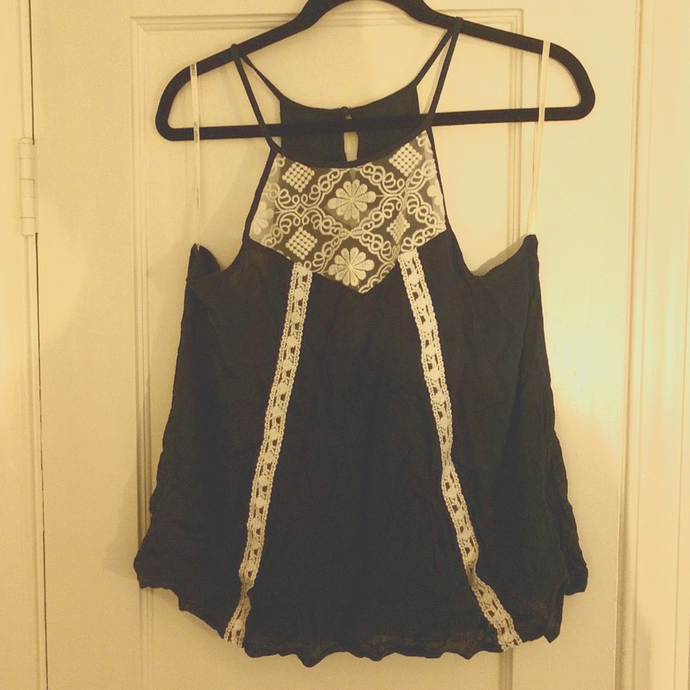 Sweet Wanderer navy blue and lace razor back tank top